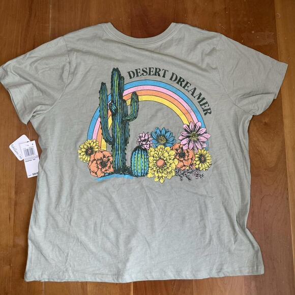 Rebellious One Distressed Cactus Graphic Light Green Tee 0 NWT - Picture 2 of 5